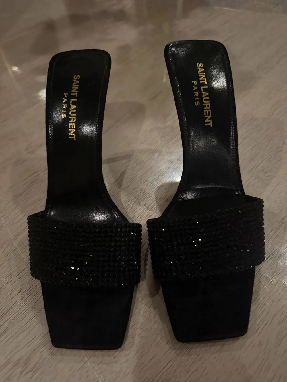 Saint Laurent Black Glitter Crystal-Embellished Slide Heels size 37.5 - Picture 3 of 8